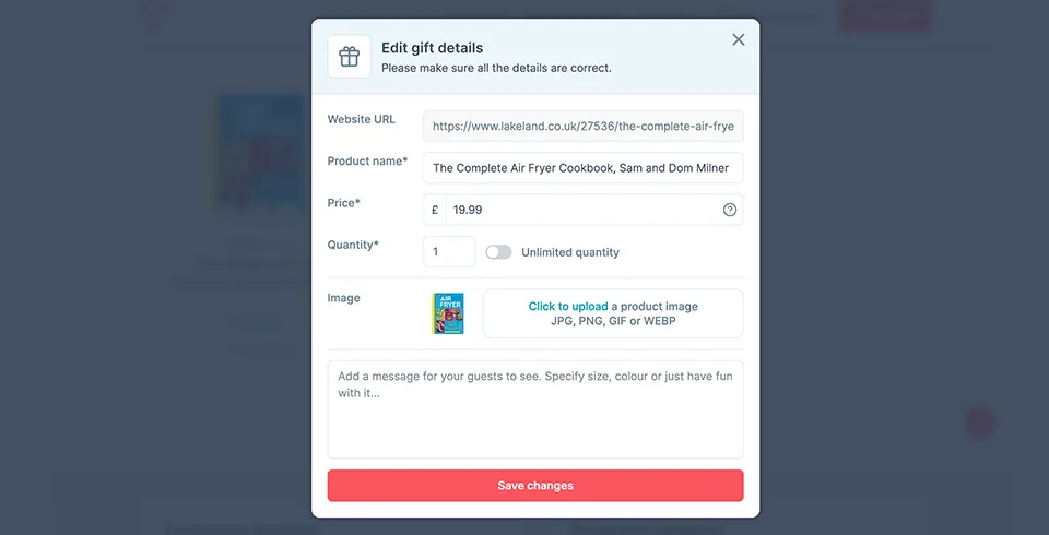 Editing gift details for the airfryer book