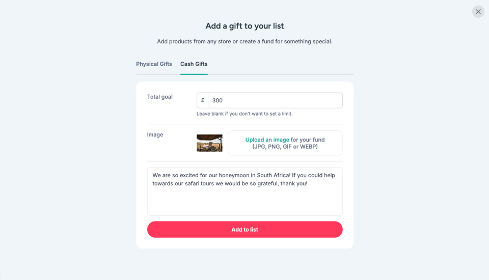 Adding cash gift details
