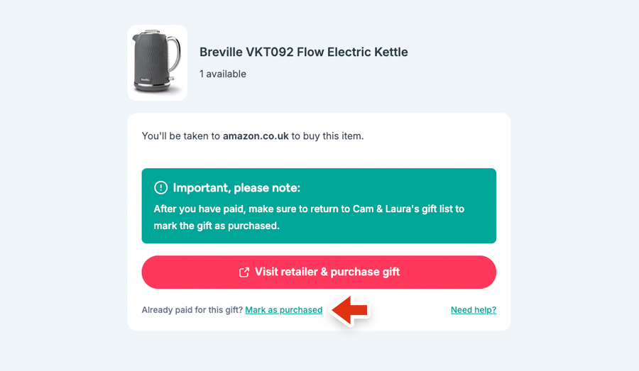 A demo of how to mark a gift as purchased