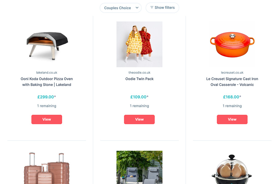 Screenshot of a wedding gift list displaying products, including an Ooni pizza oven, Oodie twin pack, and Le Creuset casserole dish, with prices and availability.