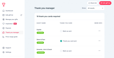 A screenshot of a thank you manager tool for tracking wedding gift purchases and sending thank you cards.