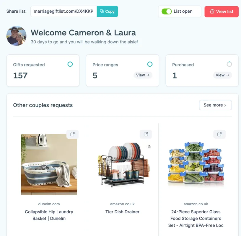 The members area of Marriage Gift List. Displaying a link to share to their guests and a few products that other couples have added to their list. There are also some stats showing how many gifts have been added, purchased and a recommended price range.