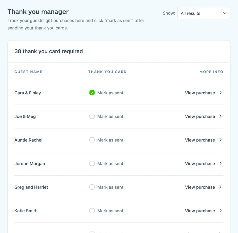 The Marriage Gift List members area showing the thank you manager. With rows of guests names and a dropdown with more information about the purchase and the guests details. Including a checkbox on each row to mark your thank-you cards as sent.