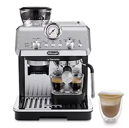 Silver De'Longhi Espresso Machine with a Espresso filled alongside the machine